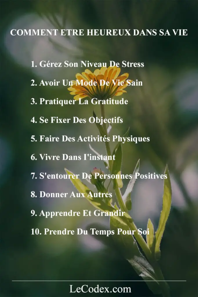 COMMENT ETRE HEUREUX DANS SA VIE sur un arrière-plan d'une fleur jaune 1. Gérez Son Niveau Stress 2. Avoir Un mode de vie sin 3. Pratique a Gratitude 4. Se Fixer Des Objectifs 5. Faire Des Activités Physiques 6. Vivre Dans l'in nt 7. S'entourer De Personnes positives 8. Donner Aux autres 9. Apprendre à dire non. 10. Prendre Du Temps Pour soi LeCodexx.com