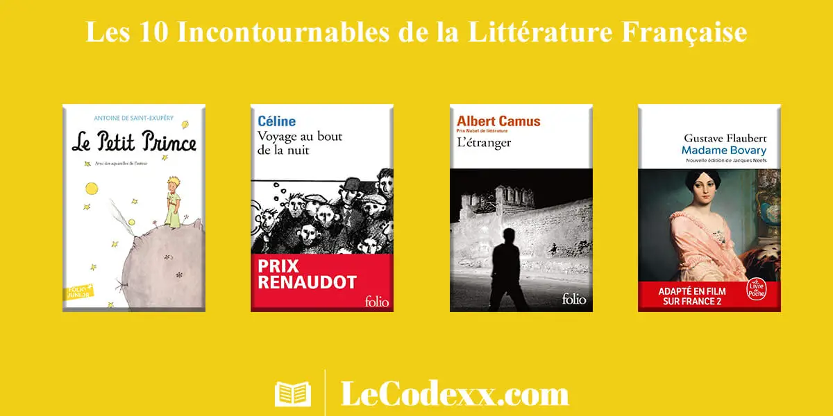 Top 10 Incontournables de la Littérature Française couverture des livres d'albert camus de droite a gauche: Le petit prince, Voyage au bout de la nuit, L'étranger, Candide et le logo du site lecodexx.com sur un arriére plan jaune dorée