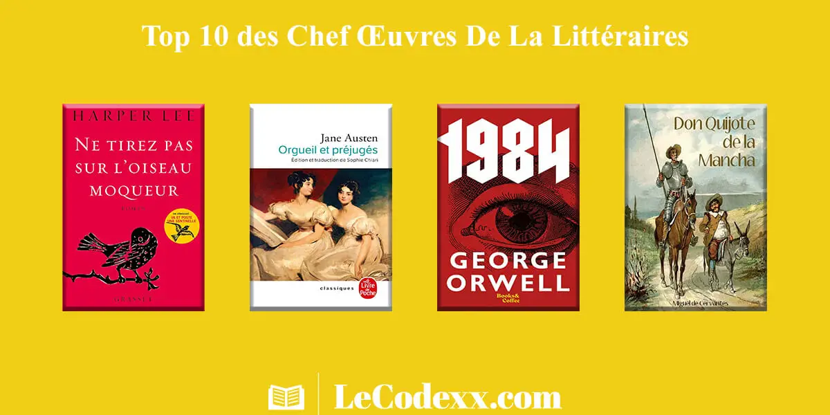 couverture des livres : "Ne Tirez Pas Sur L'oiseau Moqueur" - Harper Lee "Orgueil Et Préjugés" - Jane Austen "1984" - George Orwell "Don Quichotte" - Miguel De Cervantes logo du site lecodexx.com sur un arriére plan jaune doré