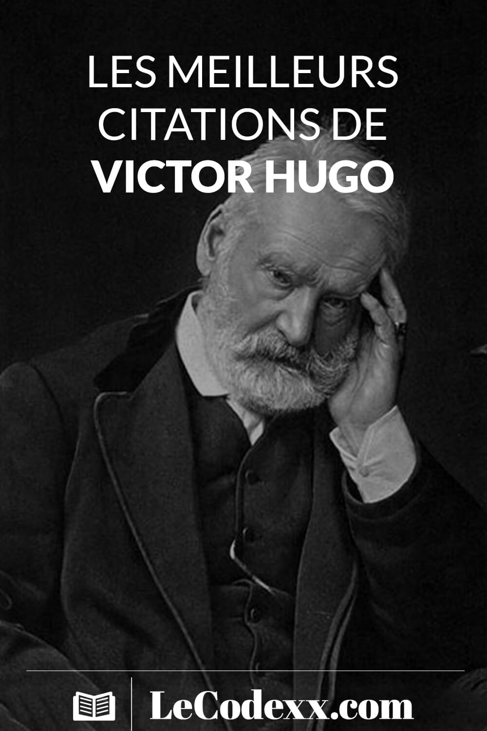 Les Meilleurs Citations de Victor Hugo logo du site lecodexx.com sur un arriére plan d'une photo de victor hugo en noir et blanc