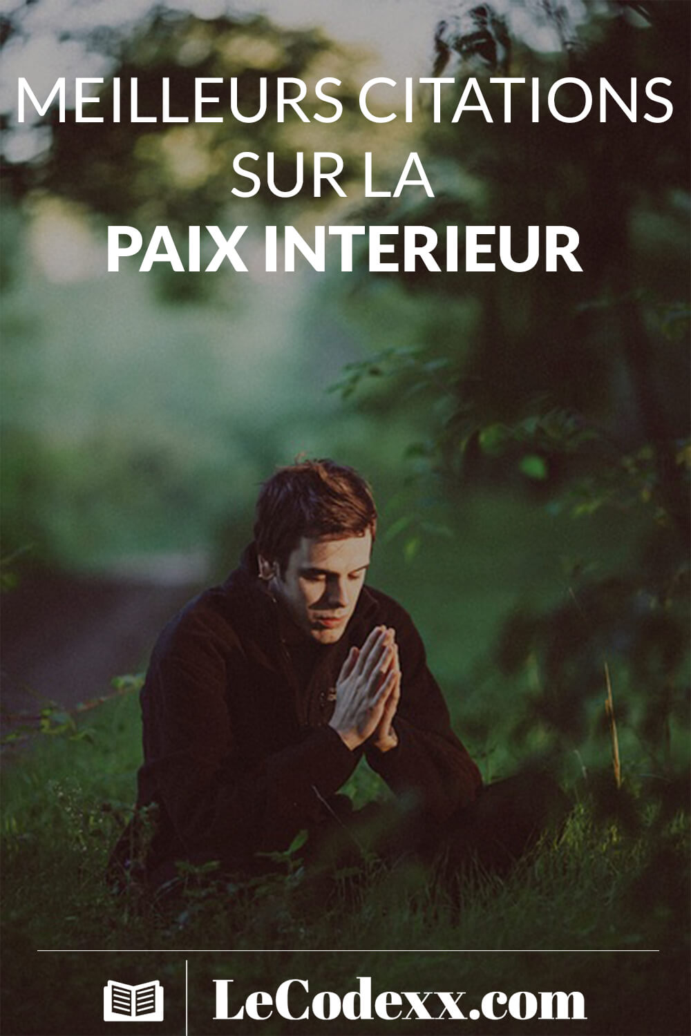 meilleurs citations sur la paix intérieur écrit en blanc sur un arriére plan d'un homme d'une foret entrein de prayer