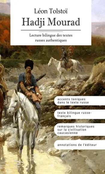 couverture du livre hadji mourad illustration d'un homme tchétchène sur un cheval dans une rivière