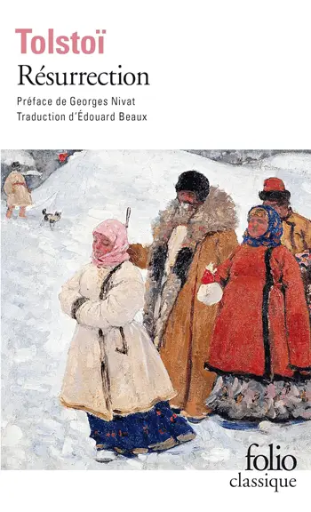 couverture du livre résurrection de léon tolstoi une préface d'une famille russe sur un décort d'hiver en neige