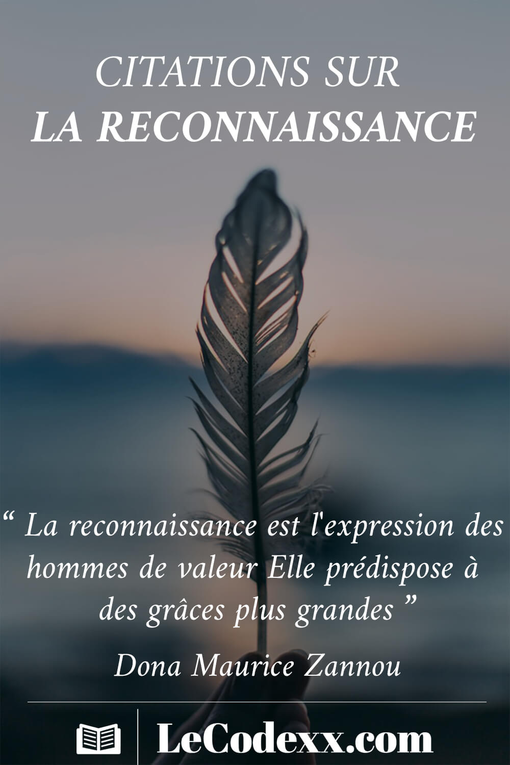 meilleurs citations sur la reconnaissance “La reconnaissance est l'expression des hommes de valeur. Elle prédispose à des grâces plus grandes.” - Dona Maurice ZANNOU lecodexx.com écrit en blanc sur un arriére plan d'une photo d'une plume en focus