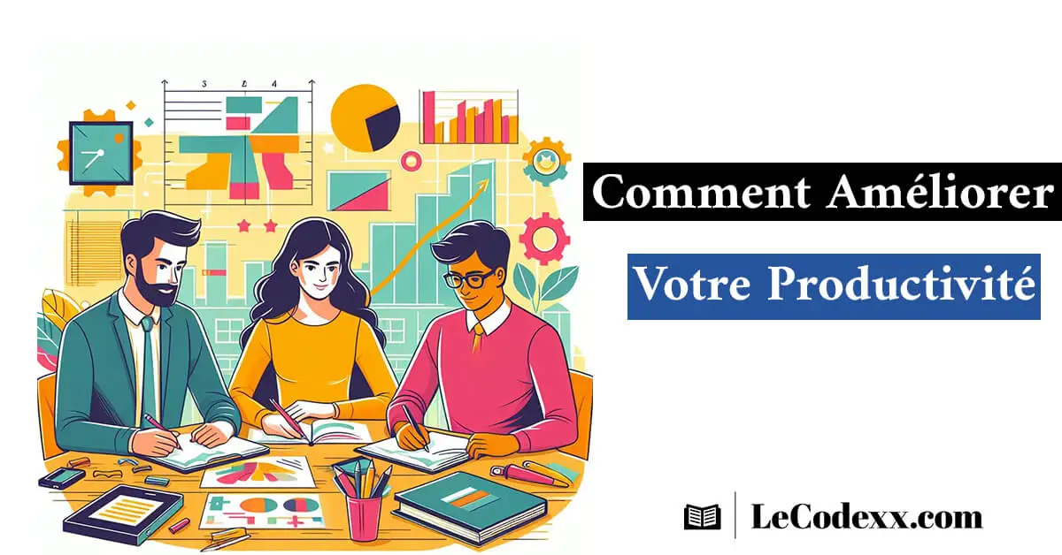 comment améillorer votre productivité lecodexx.com illustration avec des couleur vibrante d'une équipe dans un bureau de travail