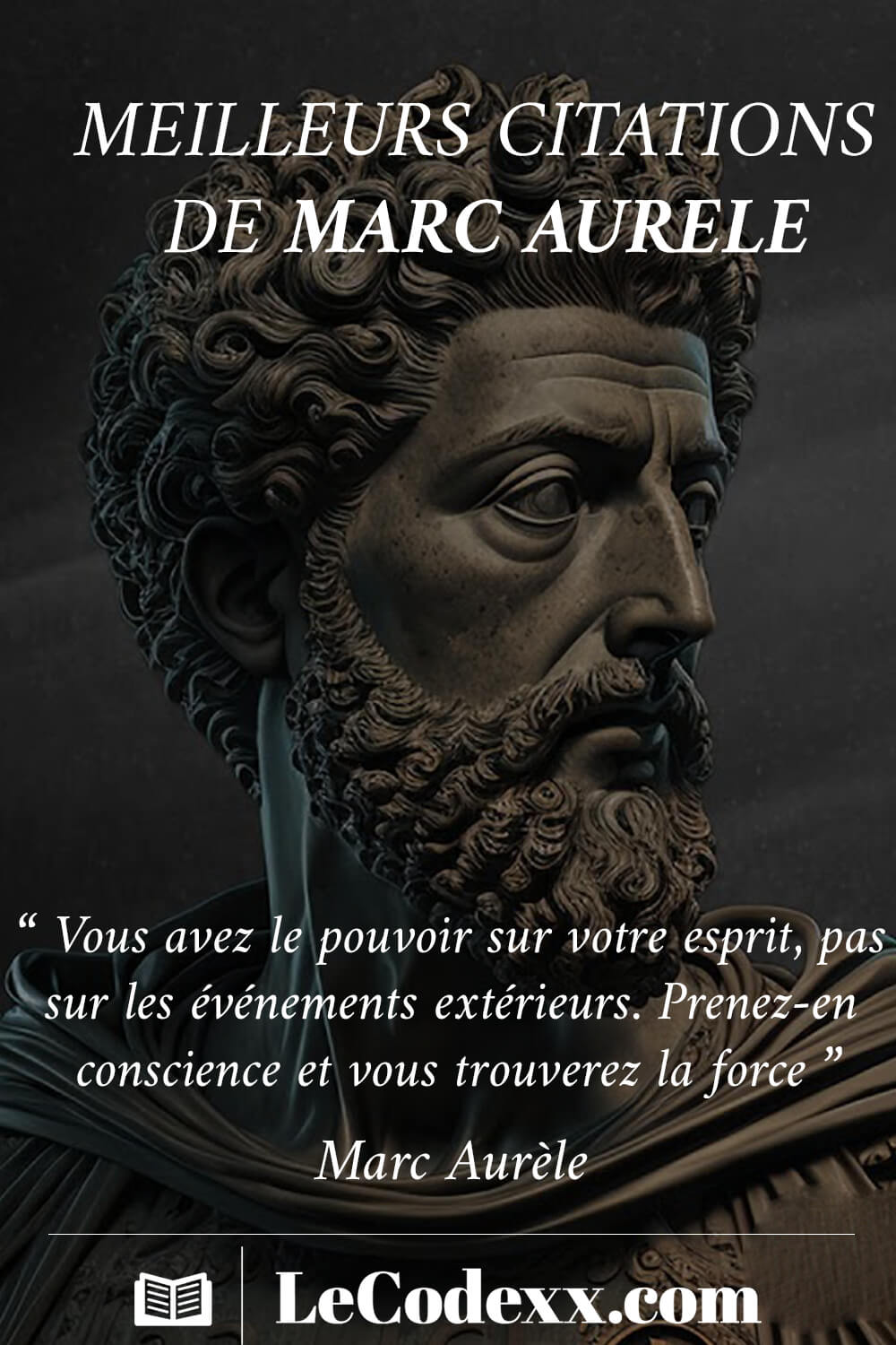 MEILLEURS CITATIONS DE MARC AURELE “ Vous avez le pouvoir sur votre esprit, pas sur les événements extérieurs. Prenez-en conscience et vous trouverez la force ” lecodexx.com écrit en blanc sur l'arriére plan d'une image de marcus Aurelius